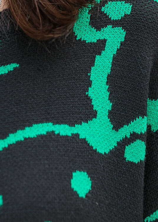 レディース アート風 ブラック Oネック ゆったり ニットワンピース 秋用 ロング丈 長袖