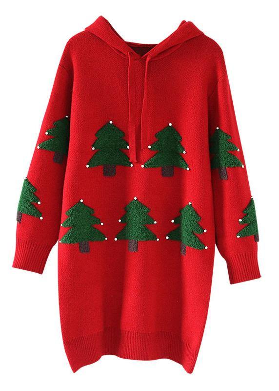 ファッション レッド セーターウェザー ヴィンテージ フード付き ドローストリング ヒップスター ニット