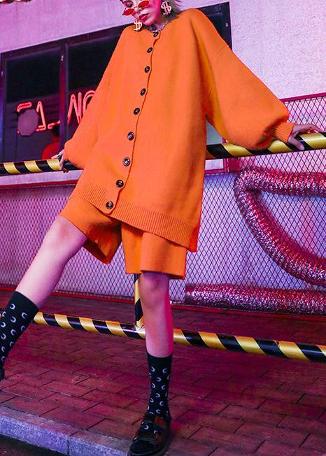 フェミニン系 ファッション 大きいサイズ 細見え ワイドパンツ＋ニットコート オレンジ 2点セット