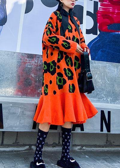 ニット Oネック フリルデザイン セーターコーデ 大きいサイズ オレンジ柄 ニットワンピース