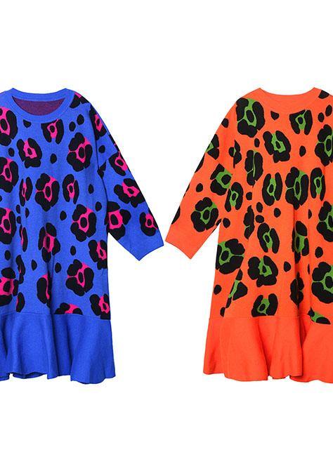 ニット Oネック フリルデザイン セーターコーデ 大きいサイズ オレンジ柄 ニットワンピース