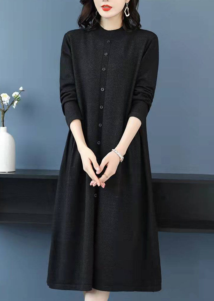 チョコレートカラー ニット セーターウェザー ラルゴ丈 ハイネック ボタン付き DIY風 ニットワンピース