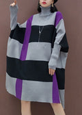 ゆったり グレー×ブラック ボーダー柄 ニットワンピース 長袖
