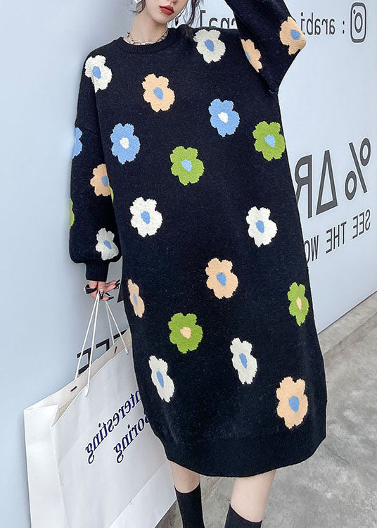 プラスサイズ ナチュラル ブラック 花柄 厚手 ニットワンピース 冬