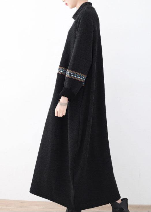 シンプル ブラック パッチワークプリント ゆったり 秋ワンピース