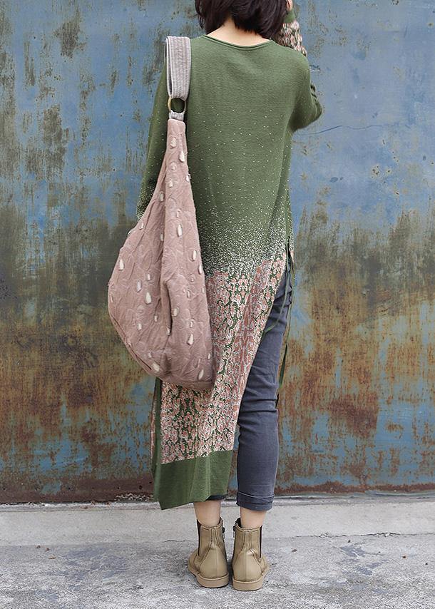 ウィンター グリーン ニットワンピース ヴィンテージ風 サイドオープン ロング丈 Oネック セータードレス