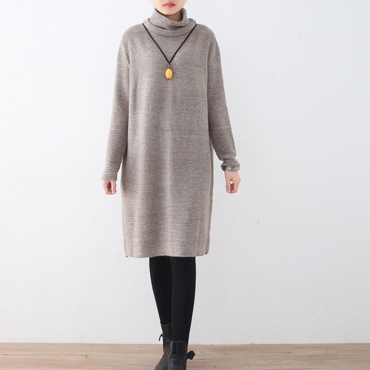 レディース カーキ ニットワンピース 秋 ファッション ハイネック ヴィンテージ 透かしデザイン